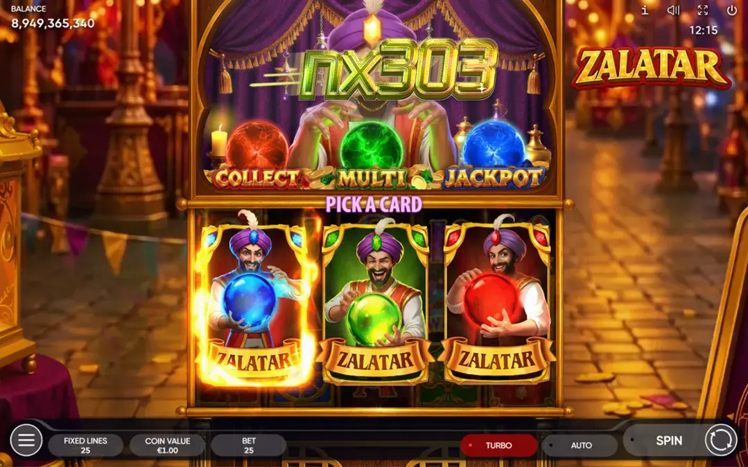 Tampilan visual slot Zalatar dengan simbol-simbol mistis dan orbs warna-warni.